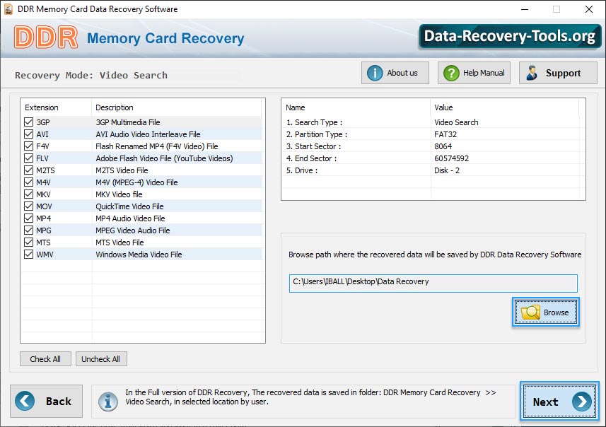 Browse path to save recovered data